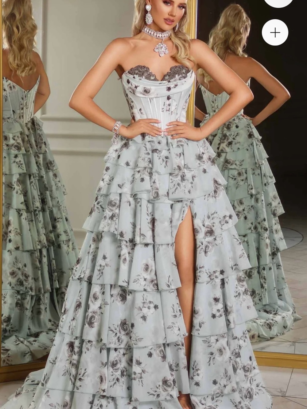 Portia and Scarlett Strapless Tiered Floral Evening Gown - Silver Gray